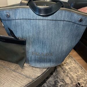 Authentic Prada Denim Tote with army green detail/black leather, 2 way bag!😍